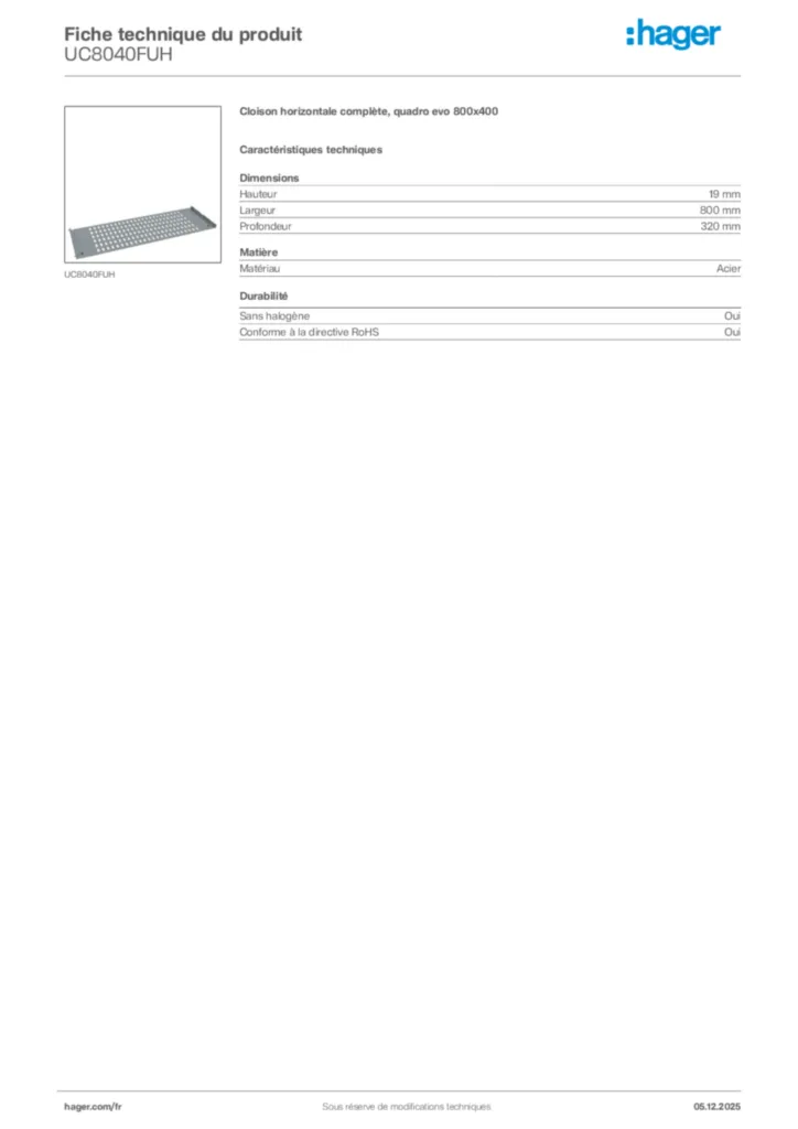 Image Hager Fiche technique du produit UC8040FUH | Hager France