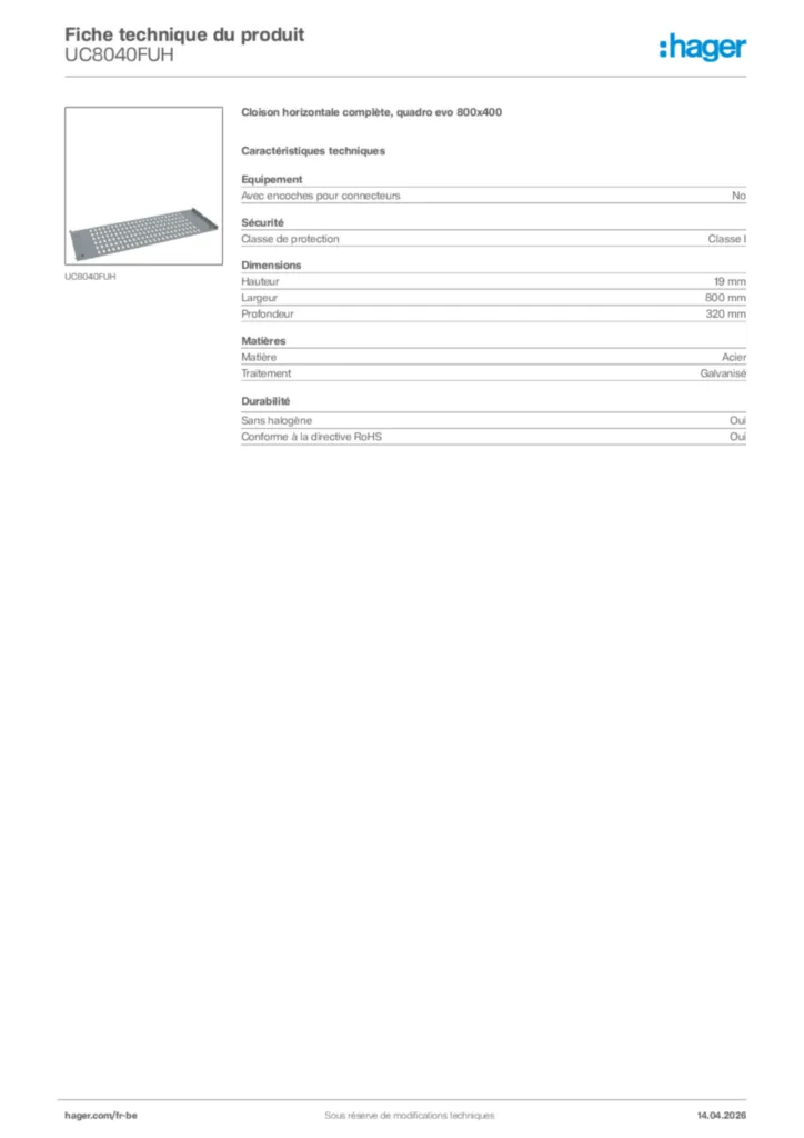 Image Hager Fiche technique du produit UC8040FUH | Hager Belgique