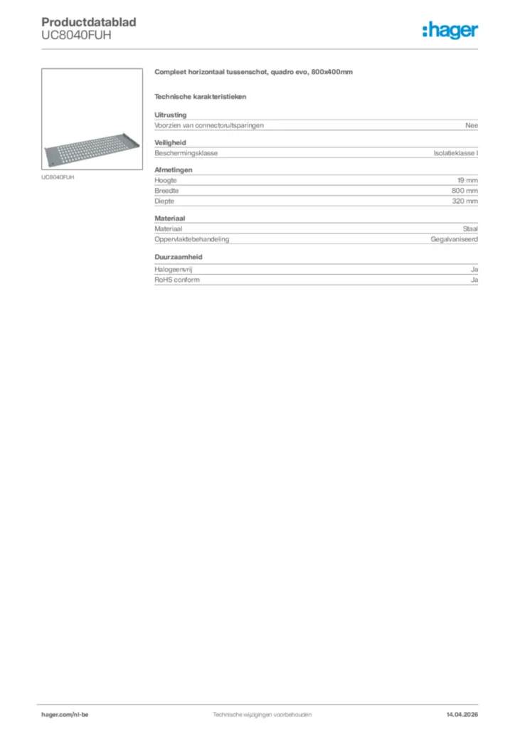 Afbeelding Hager Productdatablad UC8040FUH | Hager Belgium