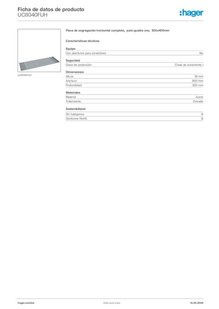 Imagen Hager Ficha de datos de producto UC8040FUH | Hager España