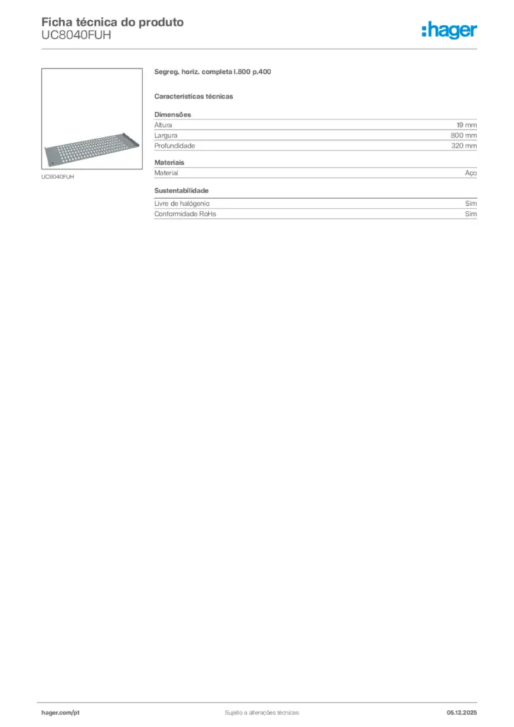 Imagem Hager Ficha técnica do produto UC8040FUH | Hager Portugal