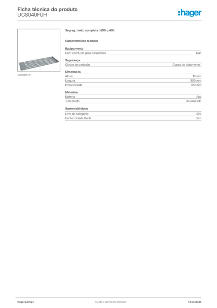 Imagem Hager Ficha técnica do produto UC8040FUH | Hager Portugal