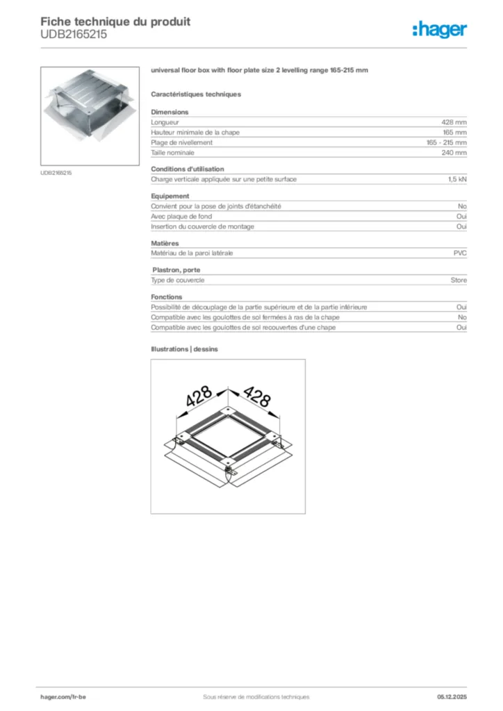 Image Hager Fiche technique du produit UDB2165215 | Hager Belgique
