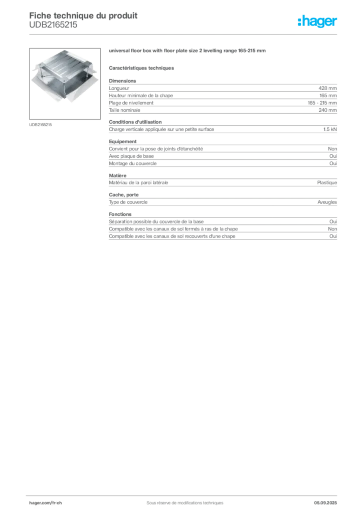 Image Hager Fiche technique du produit UDB2165215 | Hager Suisse