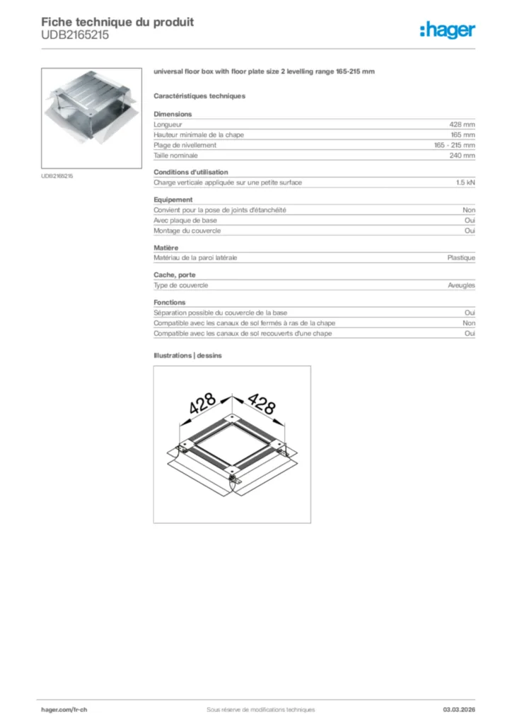 Image Hager Fiche technique du produit UDB2165215 | Hager Suisse