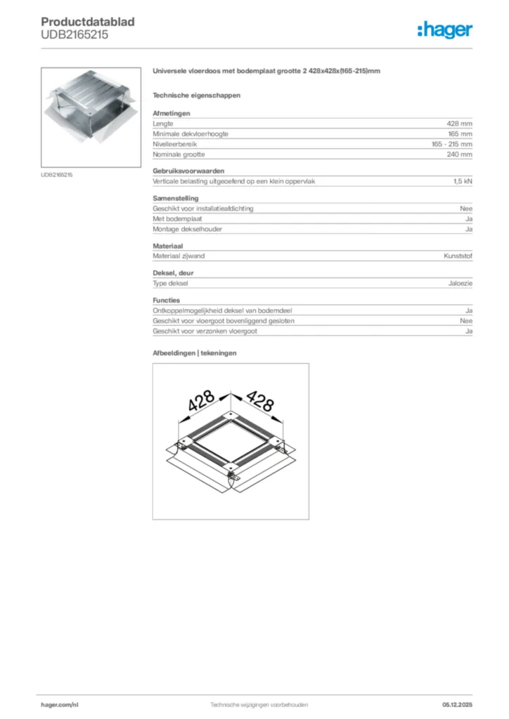 Afbeelding Hager Productdatablad UDB2165215 | Hager Nederland
