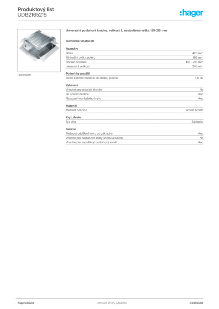 Obrázek Hager Produktový list UDB2165215 | Hager
