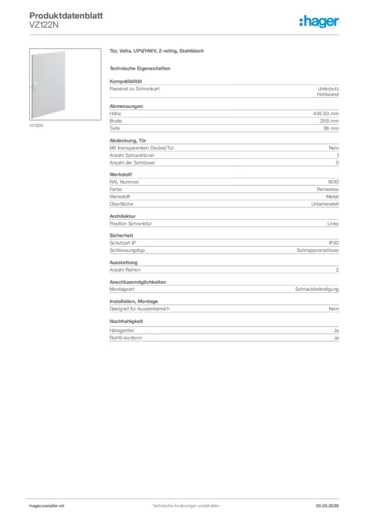 Bild Hager Produktdatenblatt VZ122N | Hager Schweiz