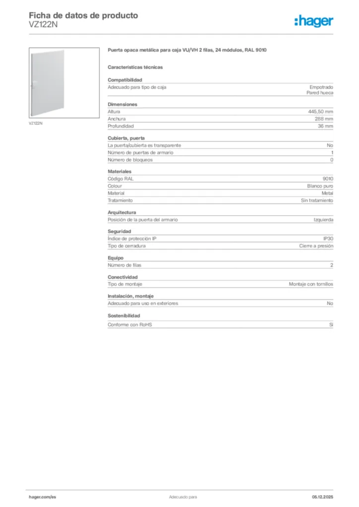 Imagen Hager Ficha de datos de producto VZ122N | Hager España