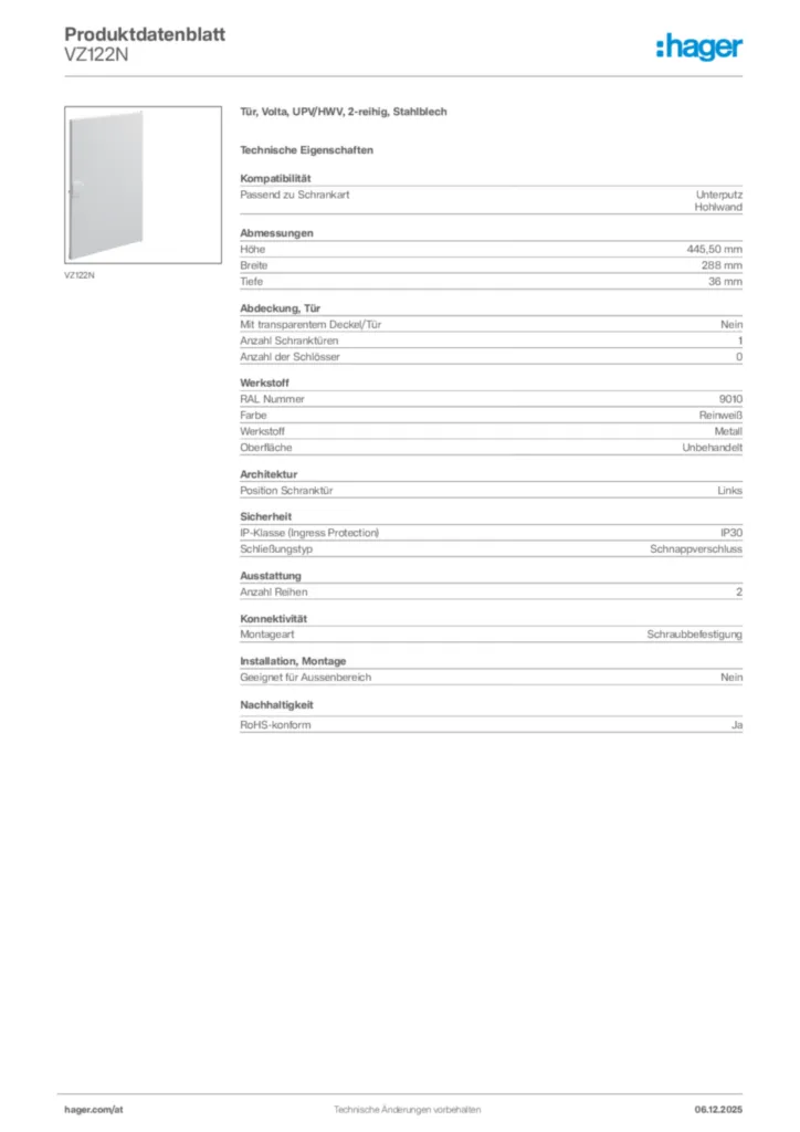 Bild Hager Produktdatenblatt VZ122N | Hager Deutschland