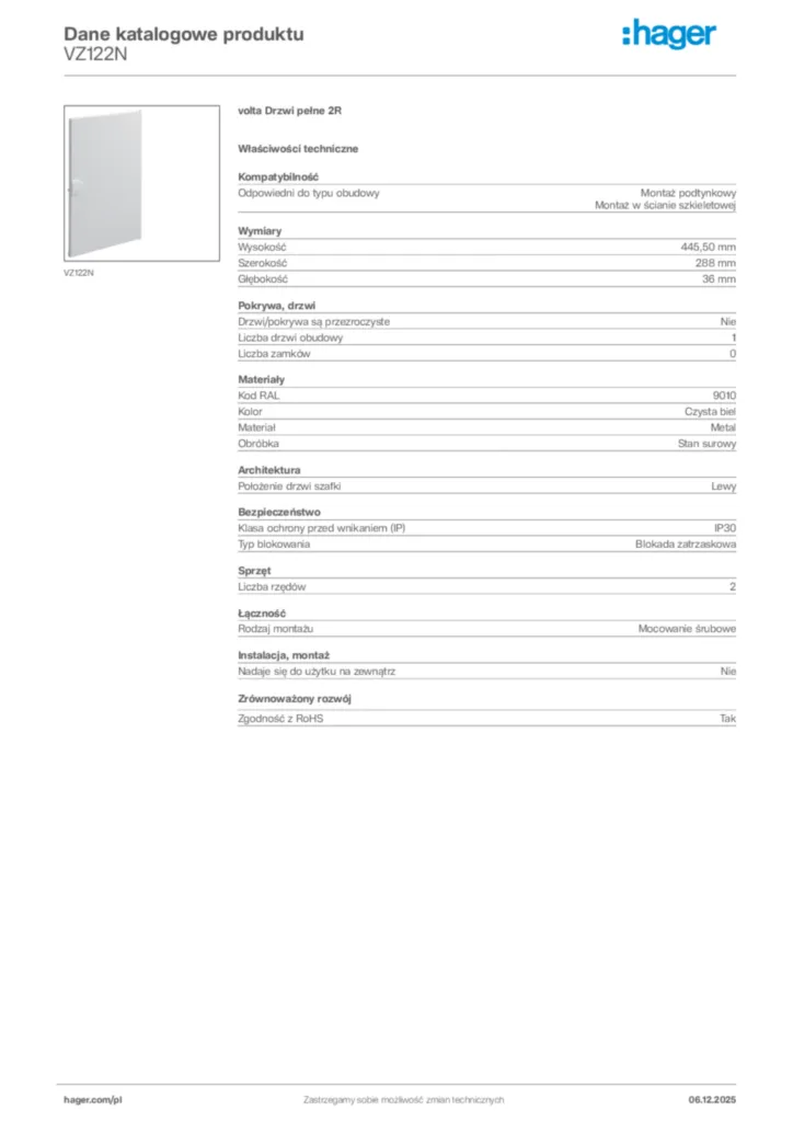 Zdjęcie Hager Karta katalogowa VZ122N | Hager Polska