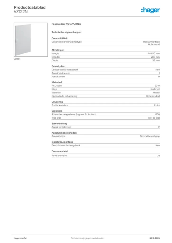 Afbeelding Hager Productdatablad VZ122N | Hager Nederland
