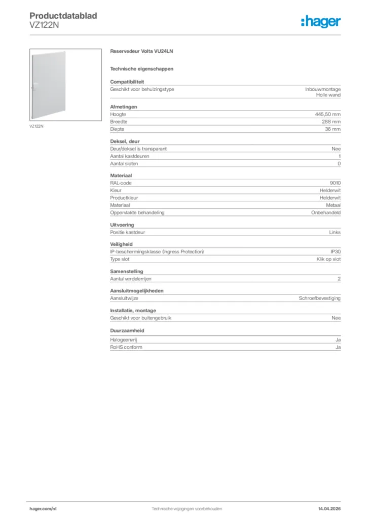 Afbeelding Hager Productdatablad VZ122N | Hager Nederland