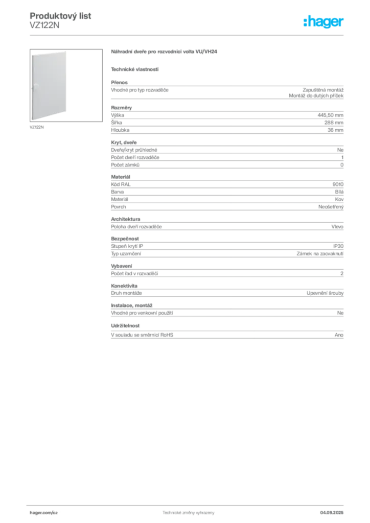 Obrázek Hager Produktový list VZ122N | Hager