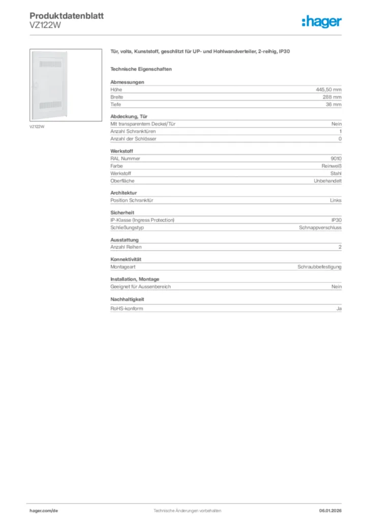 Bild Hager Produktdatenblatt VZ122W | Hager Deutschland