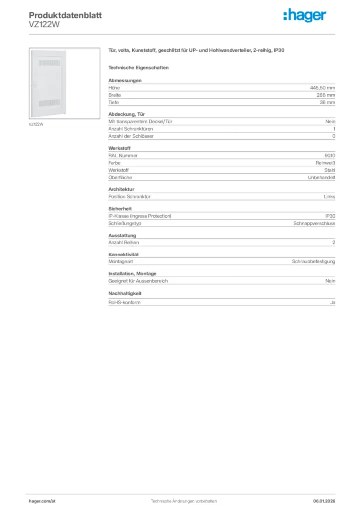 Bild Hager Produktdatenblatt VZ122W | Hager Deutschland