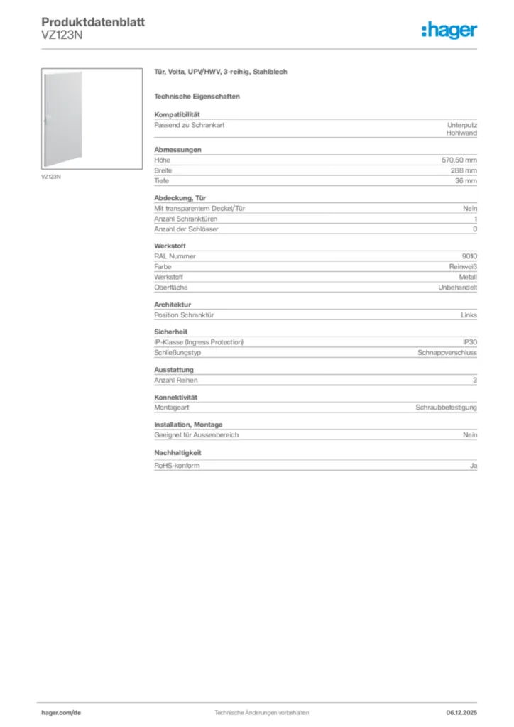 Bild Hager Produktdatenblatt VZ123N | Hager Deutschland