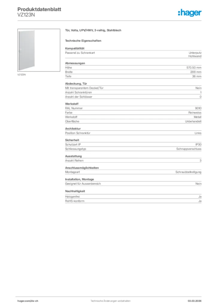 Bild Hager Produktdatenblatt VZ123N | Hager Schweiz