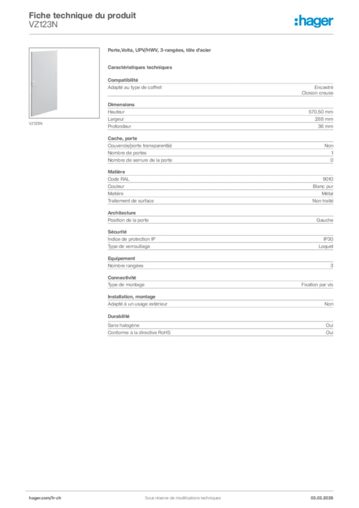 Image Hager Fiche technique du produit VZ123N | Hager Suisse