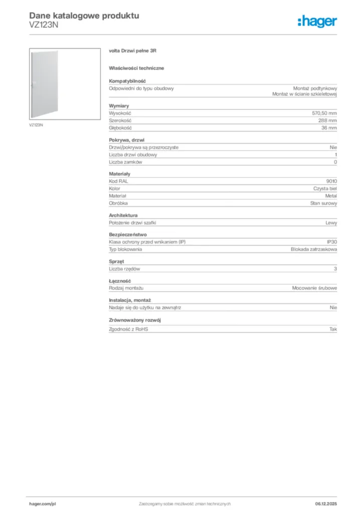 Zdjęcie Hager Karta katalogowa VZ123N | Hager Polska