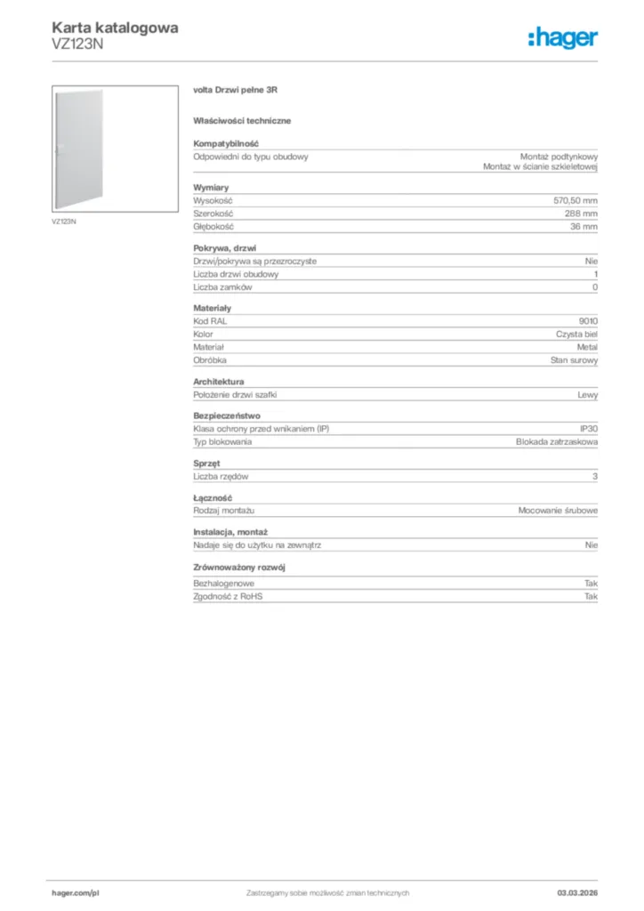 Zdjęcie Hager Karta katalogowa VZ123N | Hager Polska