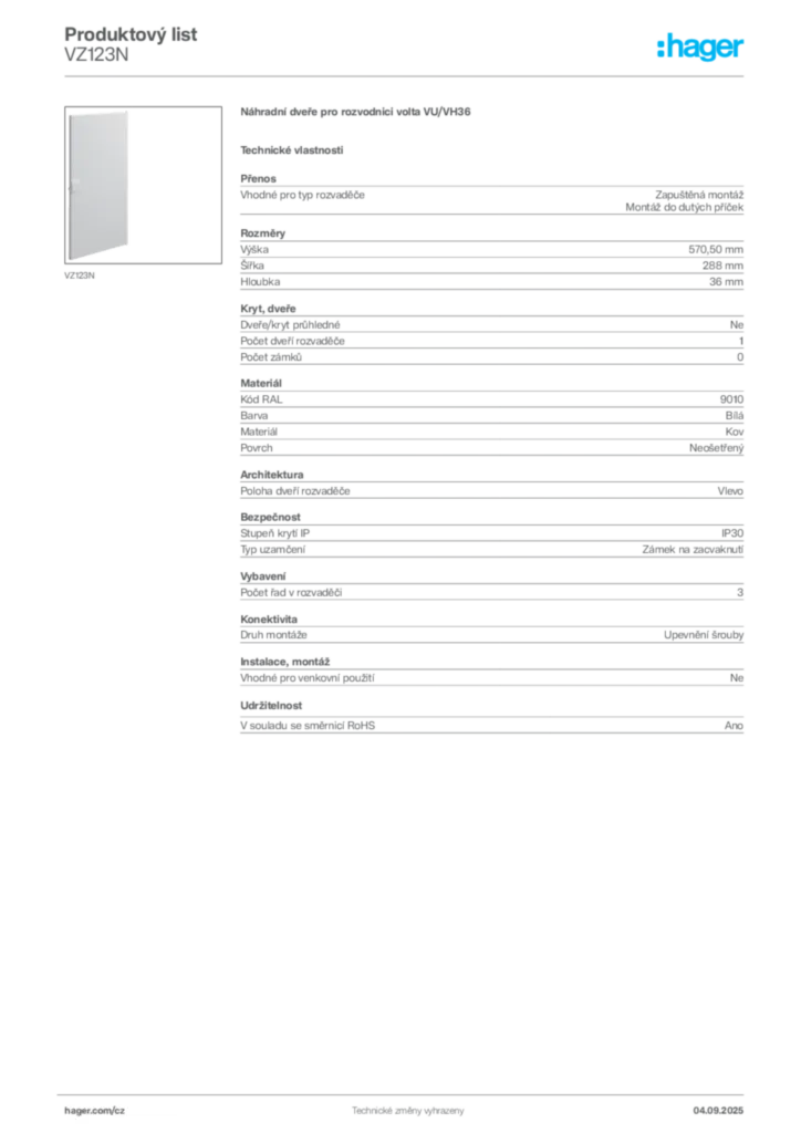 Obrázek Hager Produktový list VZ123N | Hager