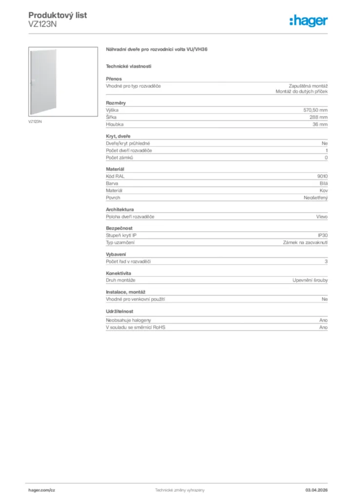 Obrázek Hager Product data sheet VZ123N | Hager