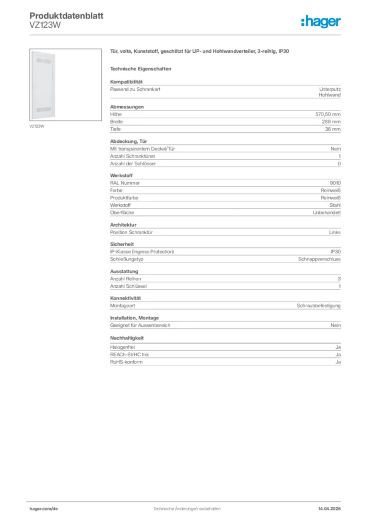 Bild Hager Produktdatenblatt VZ123W | Hager Deutschland