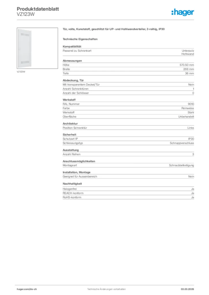 Bild Hager Produktdatenblatt VZ123W | Hager Schweiz