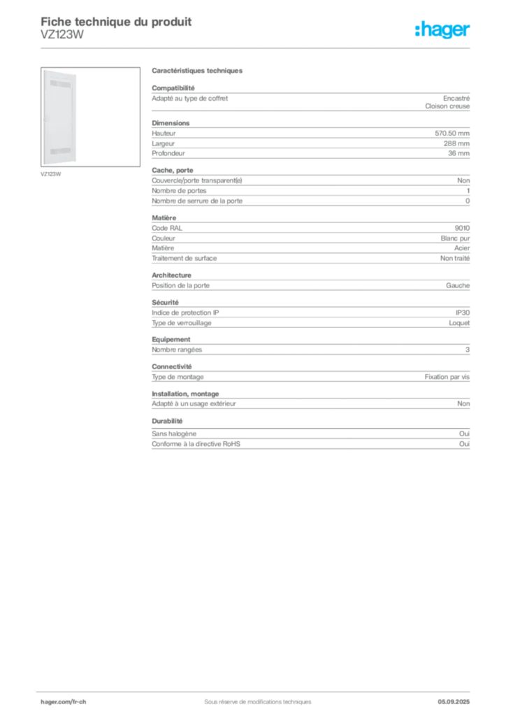Image Hager Fiche technique du produit VZ123W | Hager Suisse