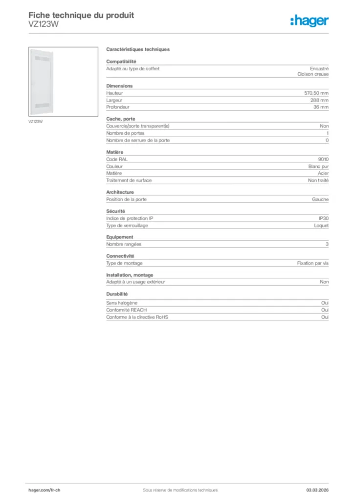 Image Hager Fiche technique du produit VZ123W | Hager Suisse