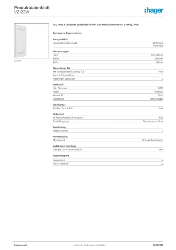 Bild Hager Produktdatenblatt VZ123W | Hager Deutschland