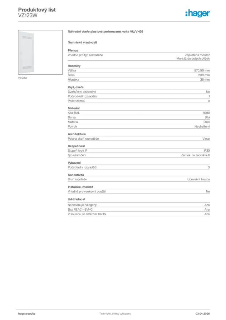 Obrázek Hager Product data sheet VZ123W | Hager