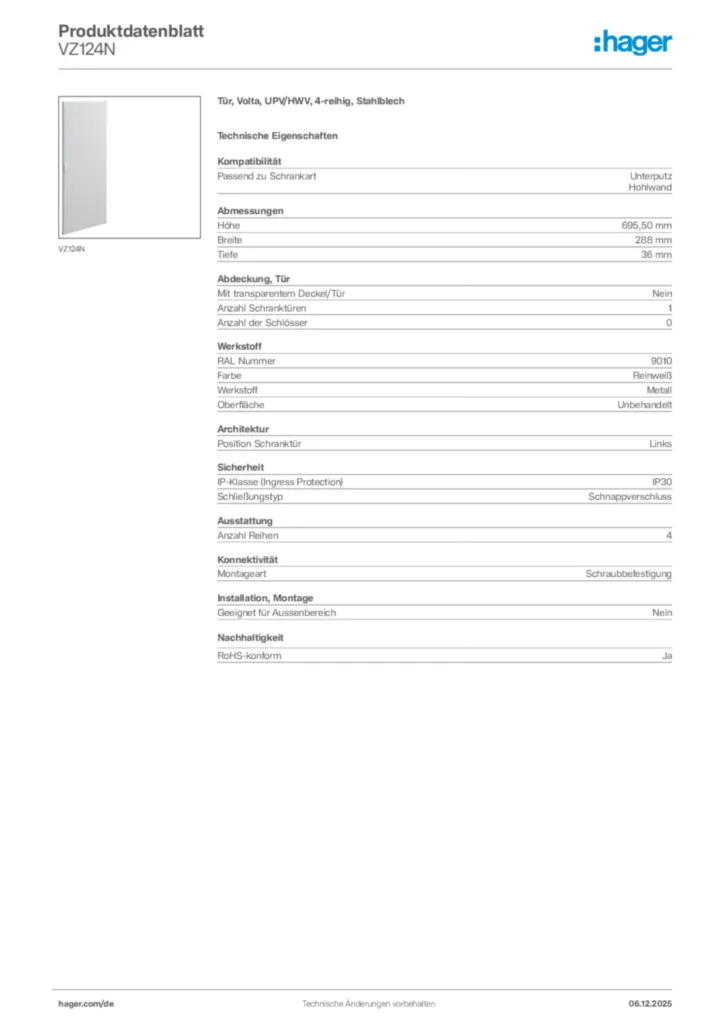Bild Hager Produktdatenblatt VZ124N | Hager Deutschland