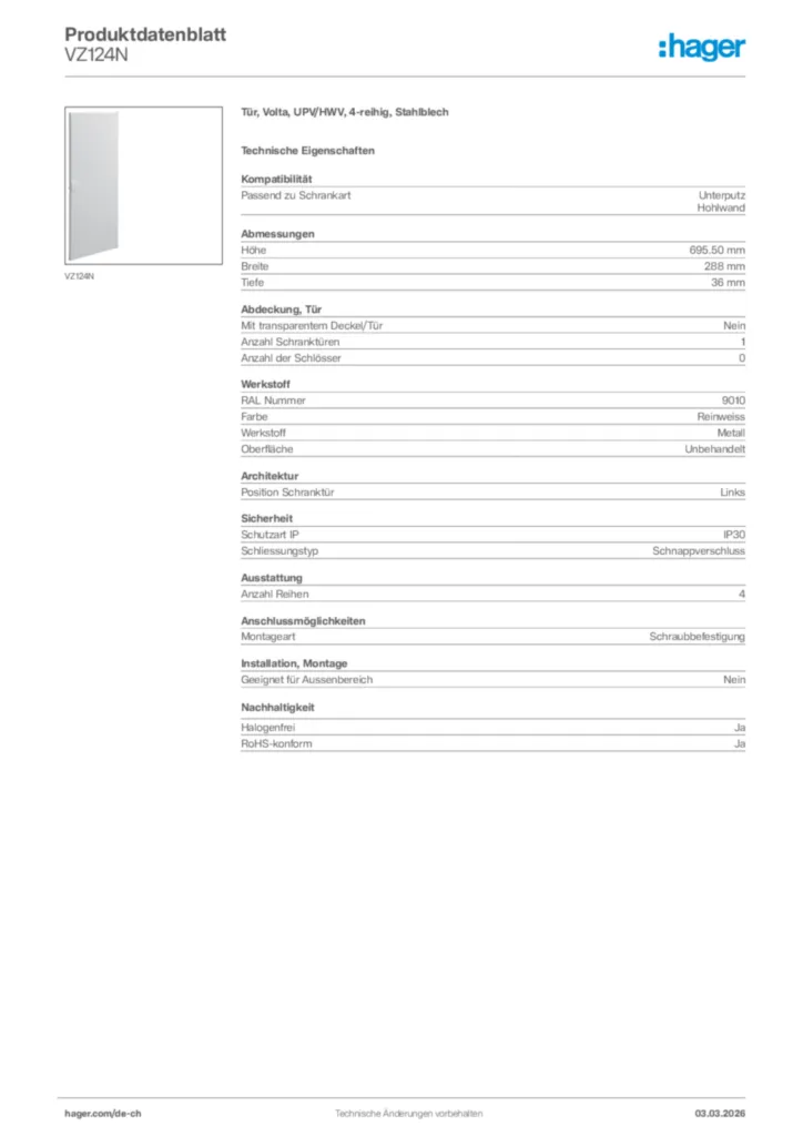 Bild Hager Produktdatenblatt VZ124N | Hager Schweiz
