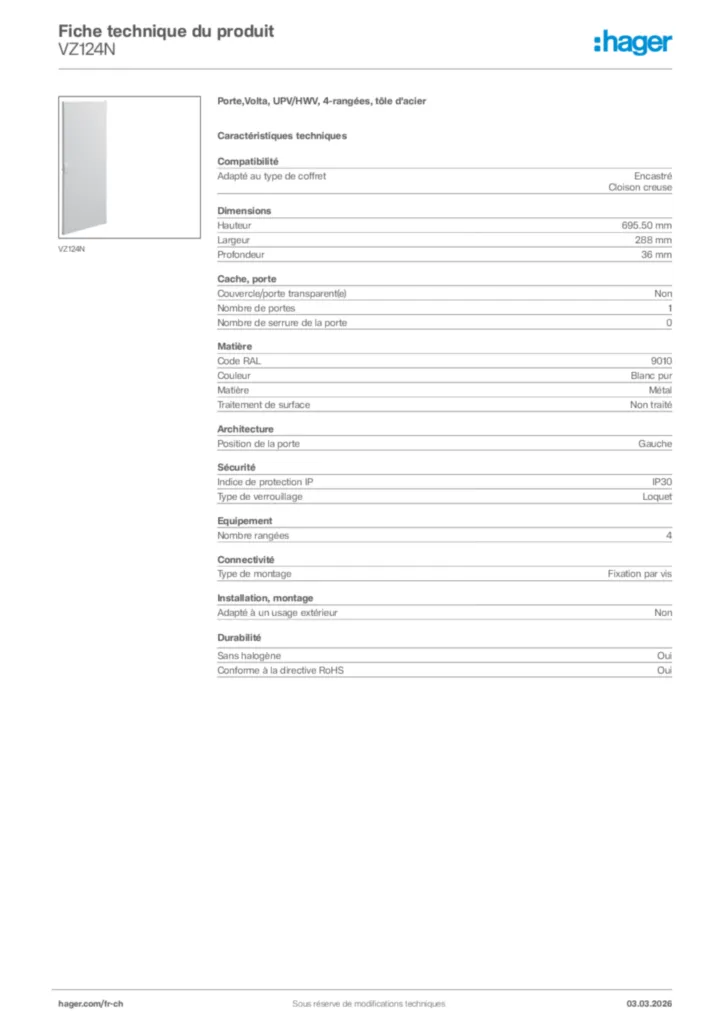 Image Hager Fiche technique du produit VZ124N | Hager Suisse