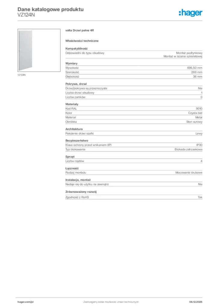 Zdjęcie Hager Karta katalogowa VZ124N | Hager Polska