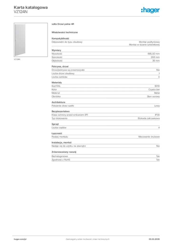 Zdjęcie Hager Karta katalogowa VZ124N | Hager Polska