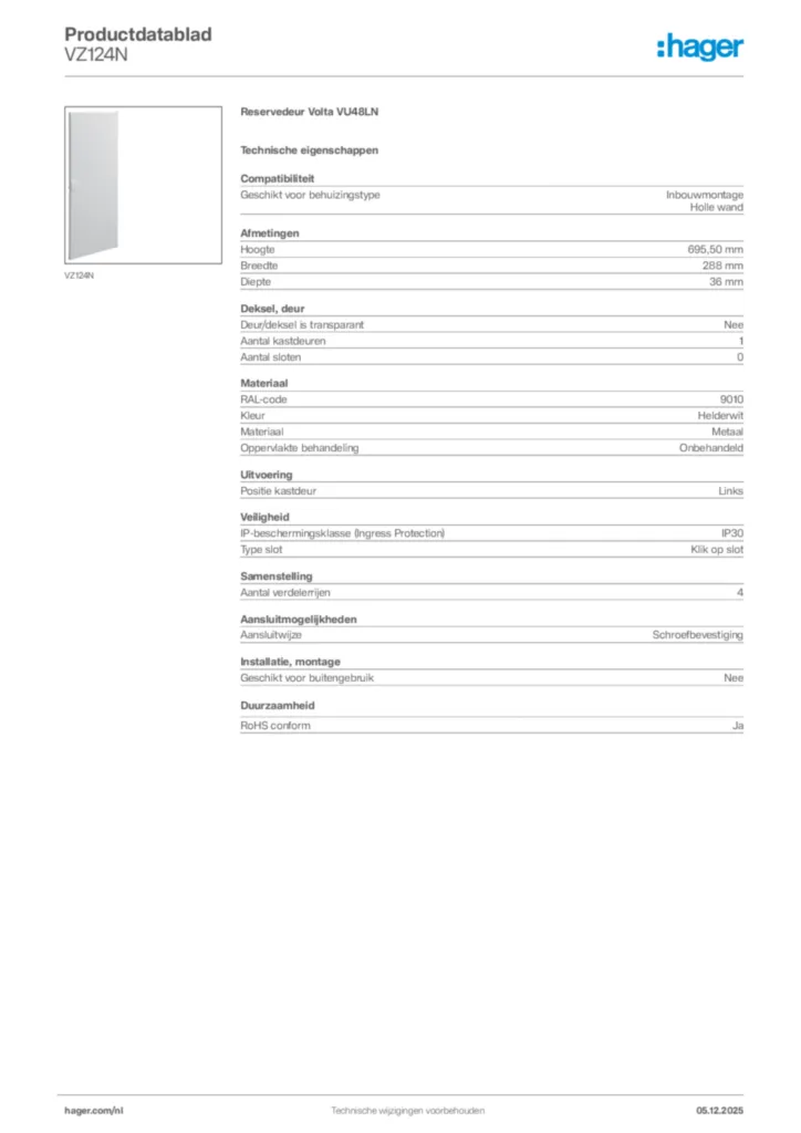 Afbeelding Hager Productdatablad VZ124N | Hager Nederland