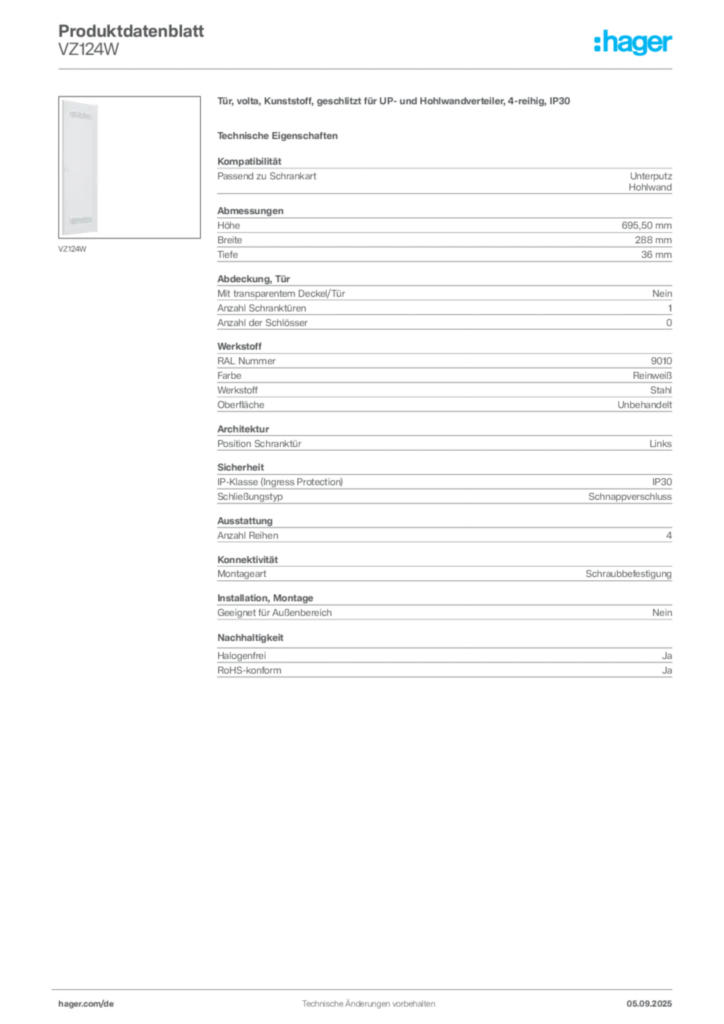 Bild Hager Produktdatenblatt VZ124W | Hager Deutschland