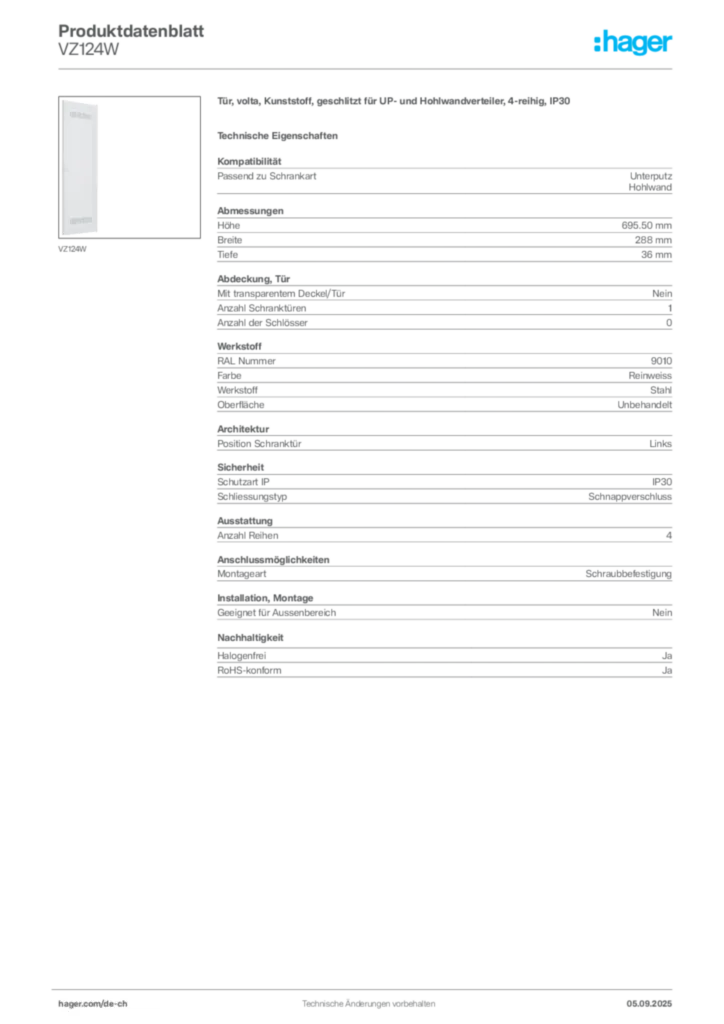 Bild Hager Produktdatenblatt VZ124W | Hager Schweiz