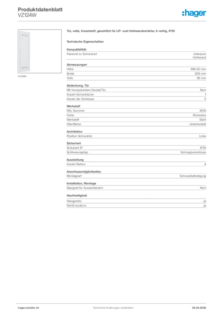 Bild Hager Produktdatenblatt VZ124W | Hager Schweiz