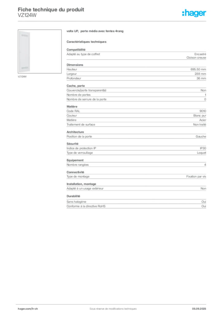 Image Hager Fiche technique du produit VZ124W | Hager Suisse
