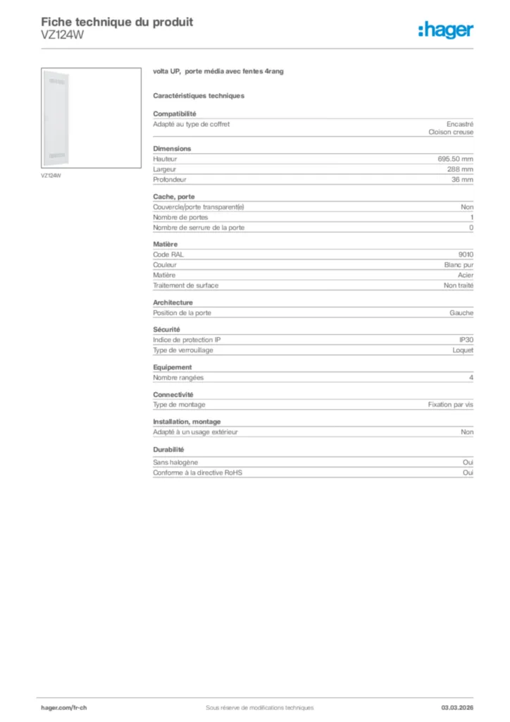 Image Hager Fiche technique du produit VZ124W | Hager Suisse