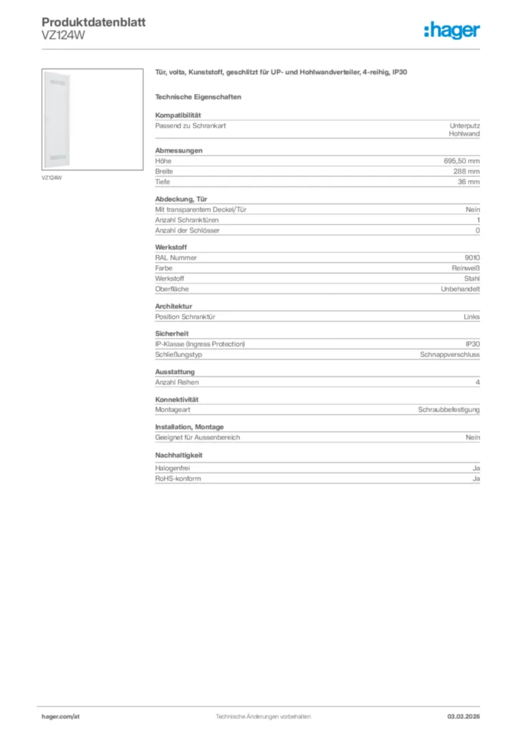 Bild Hager Produktdatenblatt VZ124W | Hager Deutschland