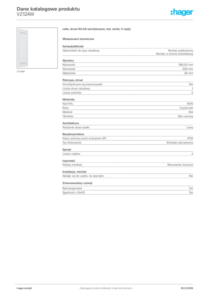 Zdjęcie Hager Dane katalogowe produktu VZ124W | Hager Polska
