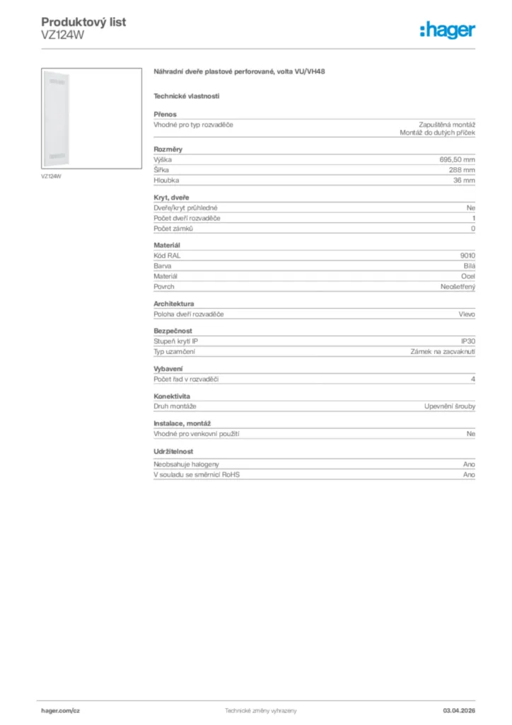Obrázek Hager Product data sheet VZ124W | Hager