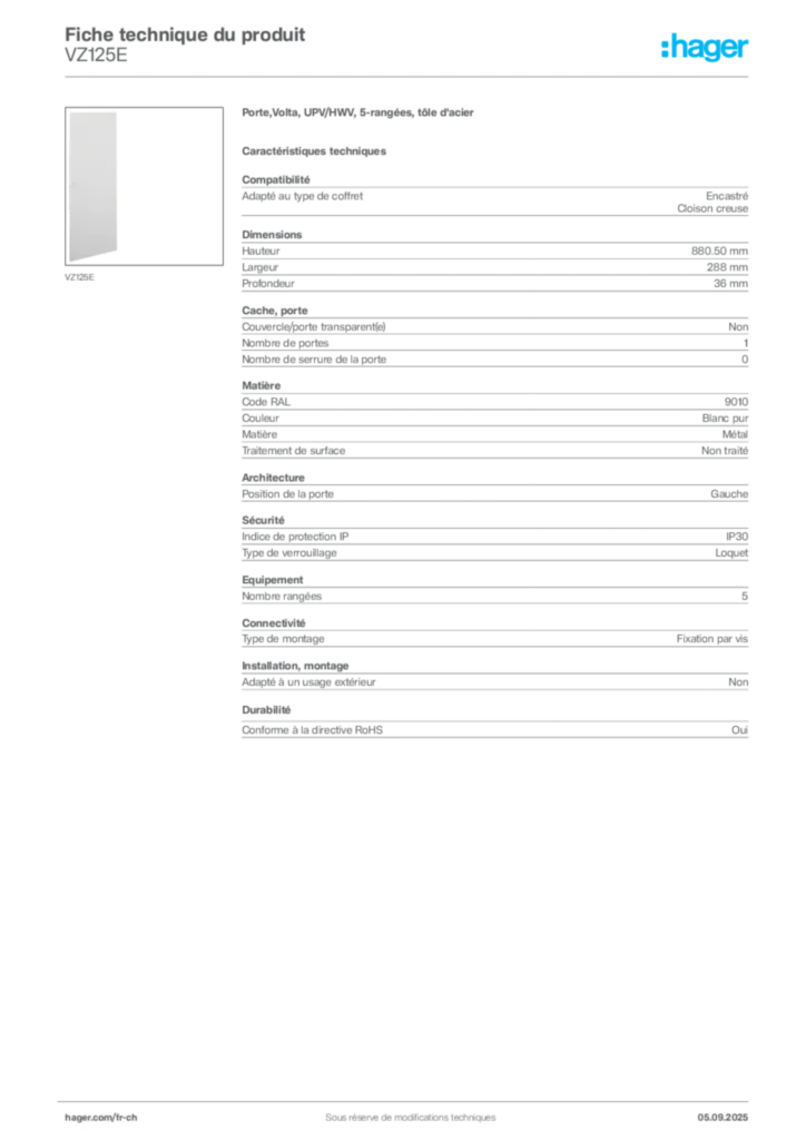 Image Hager Fiche technique du produit VZ125E | Hager Suisse