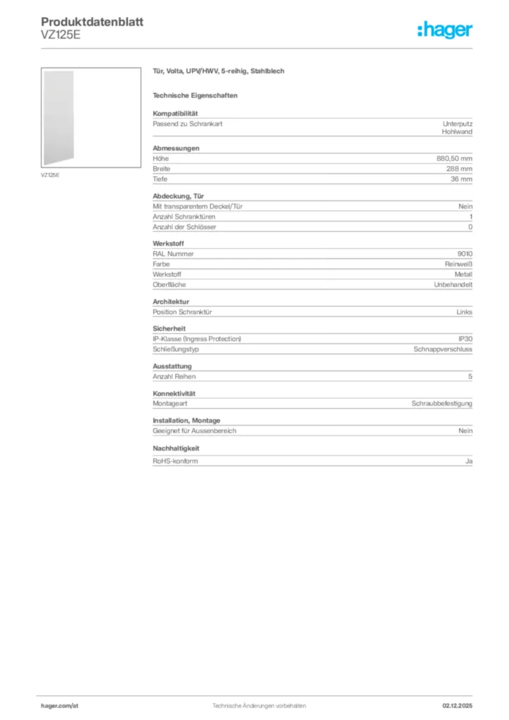 Bild Hager Produktdatenblatt VZ125E | Hager Deutschland