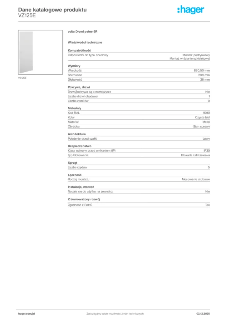 Zdjęcie Hager Dane katalogowe produktu VZ125E | Hager Polska